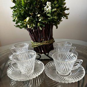 FEDERAL Depression Glass DIANA Swirl Set of 4 Demitasse Clear Cup and Saucers